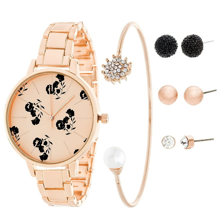 Fortune NYC Ladies Gift Set Floral Watch with Bengal and 3 Pairs of Earrings Walmart
