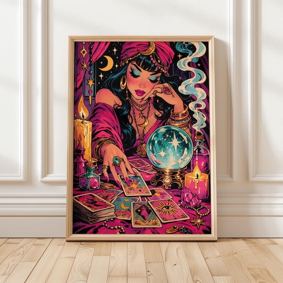 Fortune Teller Tarot Poster Mystical Witch Wall Art Crystal Ball Psychic Illustration Witchy Decor Tarot Reading Art