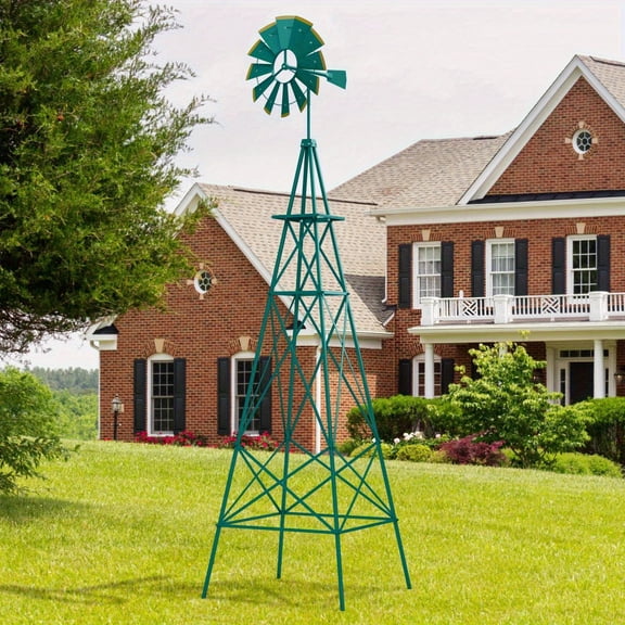 FortuneKey Trading 8 ft Ornamental Windmill, All-Weather Metal Wind Mill w/ 4 Support Legs, Decorative Weathervane for Backyard, Garden, Farm, 4 Ground Stakes Included