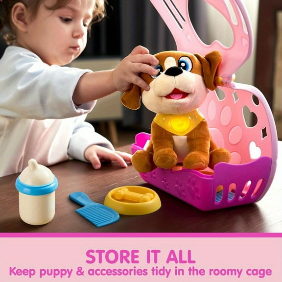 FortuneKey Trading Dog Toys for Toddlers, Play Puppy Toy with Carrier & Accessories, Plush Dog with Interactive Button, Lights & Sounds, Pet Care Set for Kids 18 months+, Birthday Gifts for Girls