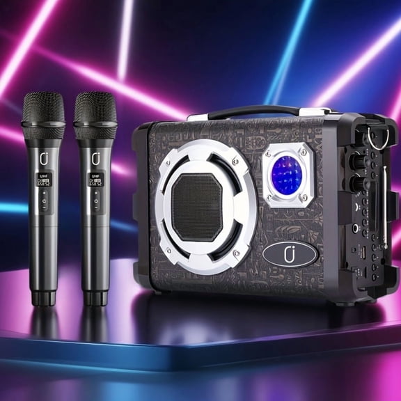 FortuneKey Trading Karaoke Machine with 2 Wireless Microphones, Portable, Speaker Set, with FM, Support USB / TF Card / BT, Home, Outdoor, Party, Holiday Gift.