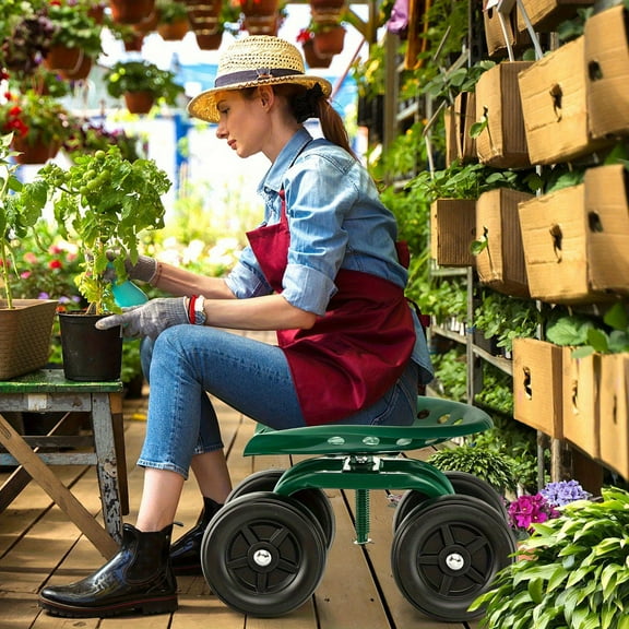 FortuneKey Trading Rolling Garden Cart Heavy Duty Workseat with 360 Swivel Seat & Adjustable Height Green