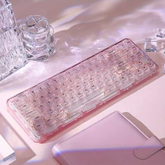FortuneKey Trading X71 Pink Transparent Mechanical Keyboard With Clear Keycaps, BT5.0/2.4G/USB-C Wired Gaming Keyboard 68% Layout 71 Keys, Gasket Mount Wireless RGB Keyboard For Win/Mac