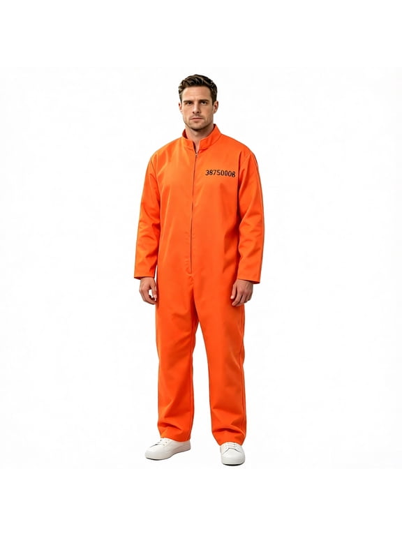 Adult Orange Prison Jumpsuit Costume, Men's Full-Zip Inmate Coverall for Halloween Cosplay Parties