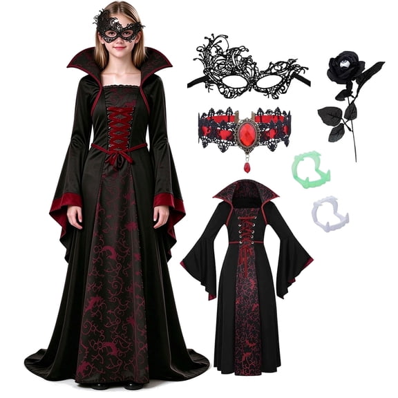 Fortwear Girls Vampire Costume, Medieval Gothic Queen Long Dress, Halloween Cosplay Outfit for Kids, 2 Styles Available