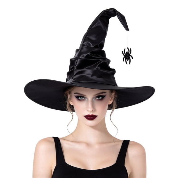 Fortwear Halloween Ruched Satin Witch Hat for Women, Black Curved Wizard Hat with Hanging Spider Pendant, Cosplay Costume Accessory for Halloween Parties and Masquerades