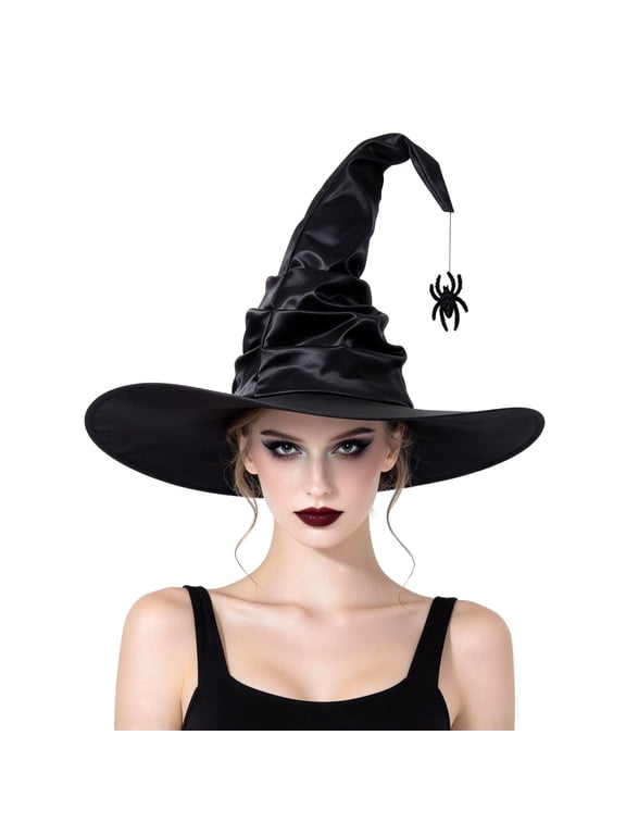 Halloween Ruched Satin Witch Hat for Women, Black Curved Wizard Hat with Hanging Spider Pendant, Cosplay Costume Accessory for Halloween Parties and Masquerades