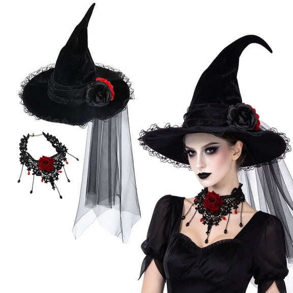 Fortwear Halloween Witch Accessory Set, Gothic Witch Hat Kit for Adult Cosplay Masquerade Party, 3 Styles