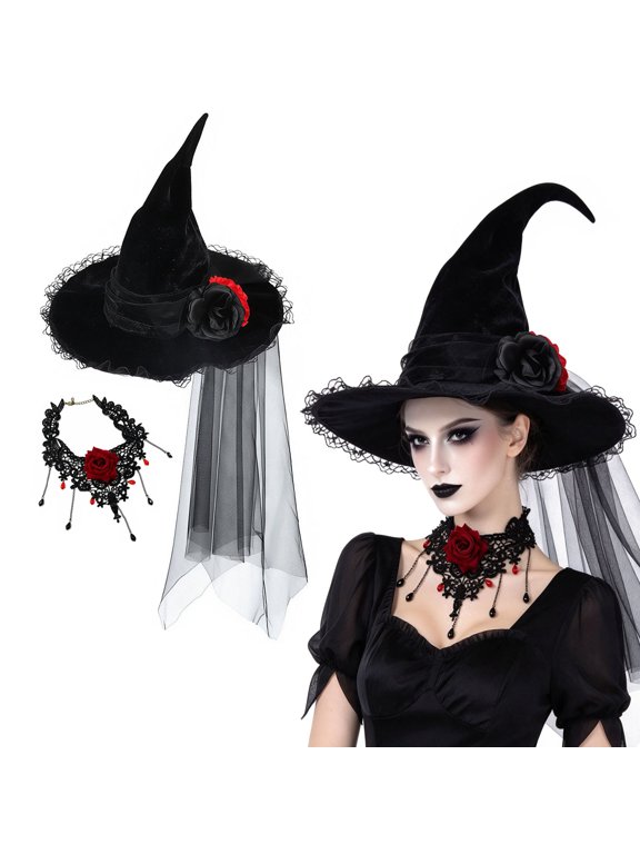 Halloween Witch Accessory Set, Gothic Witch Hat Kit for Adult Cosplay Masquerade Party, 3 Styles