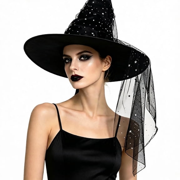 Fortwear Halloween Witch Hat for Women, Black Star Tulle Veil Wizard Hat, Cosplay Costume Accessory for Halloween Party