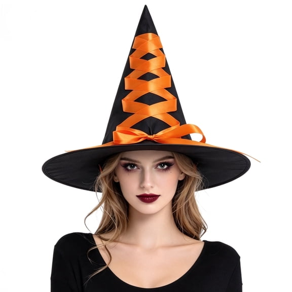 Fortwear Halloween Witch Hat with Ribbon Bow, Pointed Wide Brim Wizard Hat Cosplay Costume Accessory for Adults