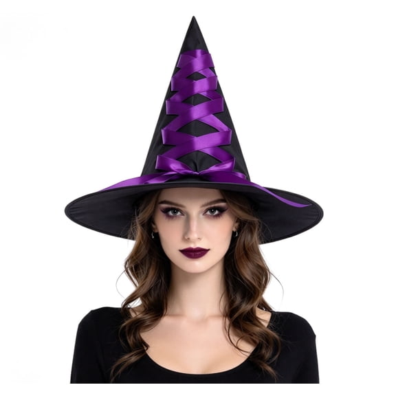 Fortwear Halloween Witch Hat with Ribbon Bow, Pointed Wide Brim Wizard Hat Cosplay Costume Accessory for Adults