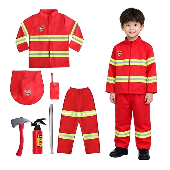 Fortwear Kids Firefighter Costume Set, Fireman Role Play Outfit with Hat & Accessories for Halloween, School Career Day, Pretend Play