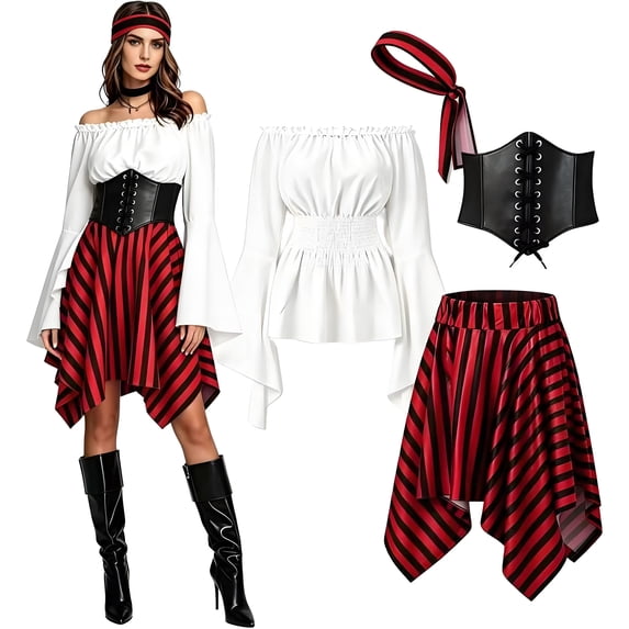 Fortwear Women Pirate Costume 4-Piece Set, Off Shoulder Bell Sleeve Top, Striped Irregular Skirt, Corset Waistband & Headband, Halloween Cosplay Outfit