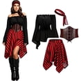 thumbnail image 1 of Fortwear Women Pirate Costume 4-Piece Set, Off Shoulder Bell Sleeve Top, Striped Irregular Skirt, Corset Waistband & Headband, Halloween Cosplay Outfit, 1 of 9
