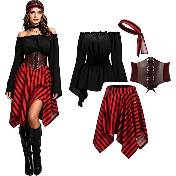 Fortwear Women Pirate Costume 4-Piece Set, Off Shoulder Bell Sleeve Top, Striped Irregular Skirt, Corset Waistband & Headband, Halloween Cosplay Outfit
