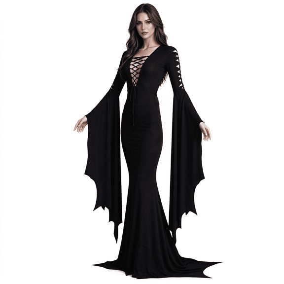 Fortwear Women's Gothic Costume Dress, Black Lace-Up Deep V-Neck Batwing Long-Sleeve Mermaid Maxi Dress for Halloween, Witch, Vampire, and Cosplay Parties