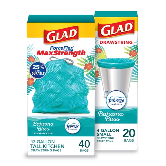 Forty 13-gallon Glad Bahama Bliss Trash Bags + Twenty 4-Gallon Bags