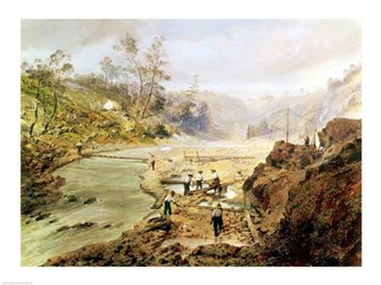 Fortyniners washing gold from the Calaveres River California 1858 Canvas Art - (24 x 18)