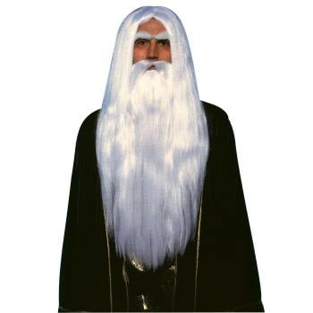 Merlin Wig and Beard Set Adult Long White Wizard Costume