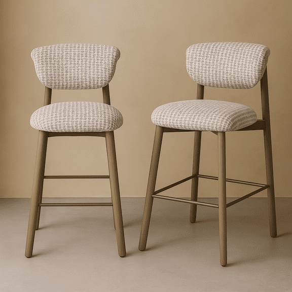 Forward Home Collection Set of 2 Upholstered Counter Height Stools with Wood-Look Metal Frame, Rolled Backrest, Woven Fabric (Pink)