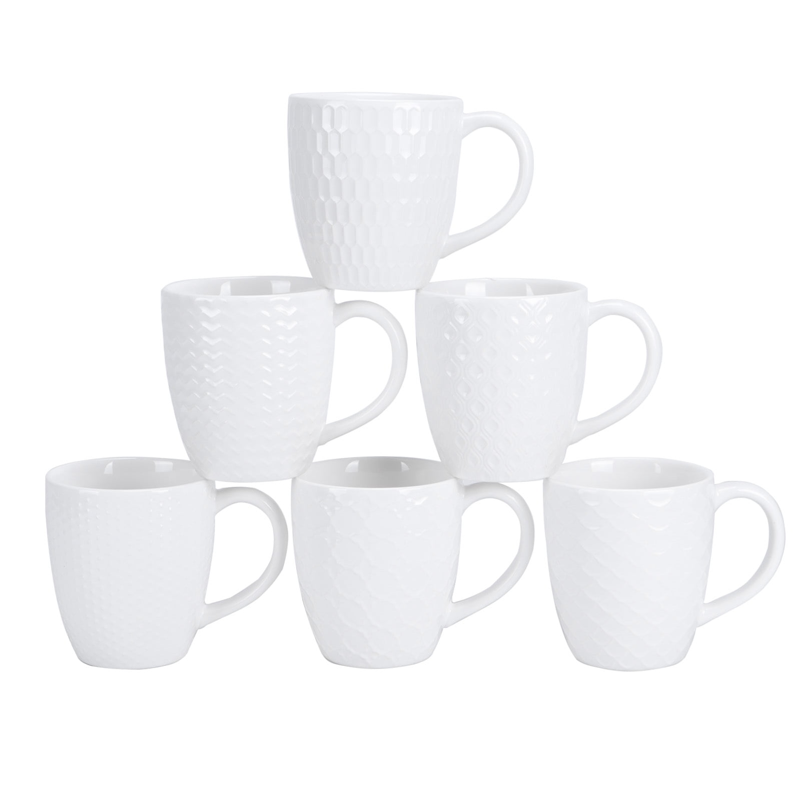 Foryoubyyu Coffee Mugs Set of 6, 17 OZ Ceramic Coffee  Cup with Different Embossed Patterns for Latte, Hot Tea, Cappuccino, Mocha, Cocoa, Tea, White