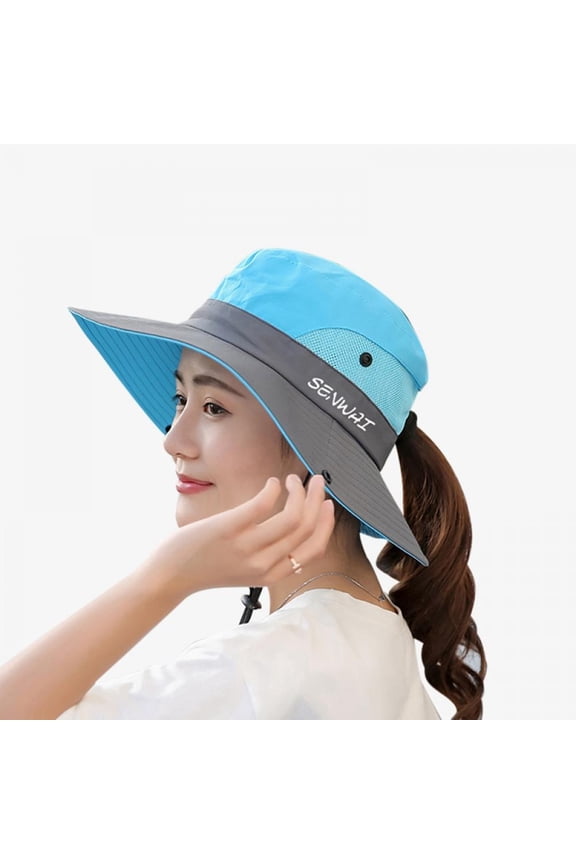 Ladies Ponytail Sun Hat Uv Protection Foldable Mesh Wide-Brim Beach Fishing Hat