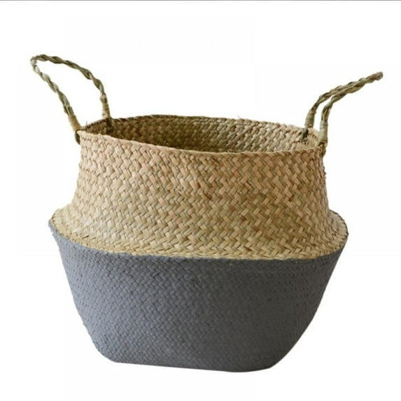 Forzero Seagrass Belly Basket - Foldable Woven Plant Basket with Handles for Toy Storage Laundry Picnic Flower Pot and Beach Bag Garden Home Decor(Black Diameter 10.6"*Height 9.45")