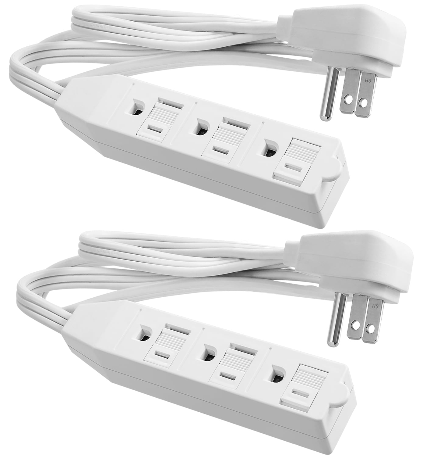 White Flat Plug Extension Cord, Short Power Cord with 3 Prong Standard  Ground sockets, Basic Indoor 3-pin Ground Cable, UL Listed（ 8FT, 2PK） 