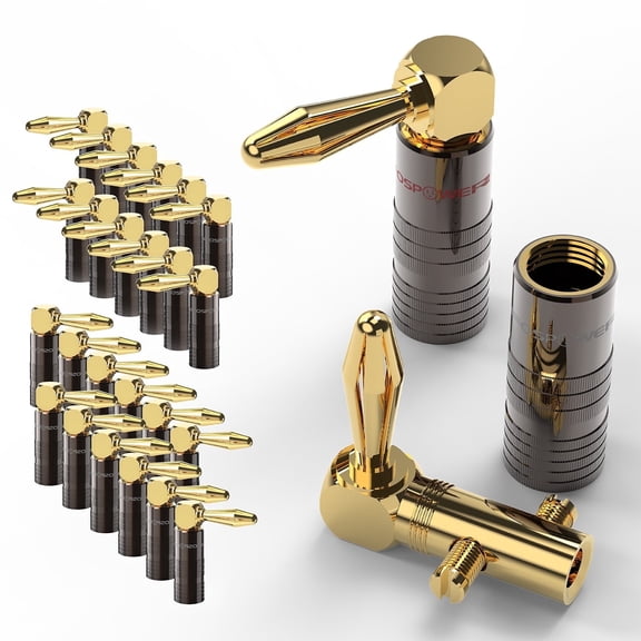 FosPower Banana Plugs 12 Pairs / 24 pcs, 24K Gold Plated Right-Angled Speaker Plug Connectors for Speaker Wire, Wall Plate, Home Theater, Audio/Video Receiver, Amplifiers and Sound Systems