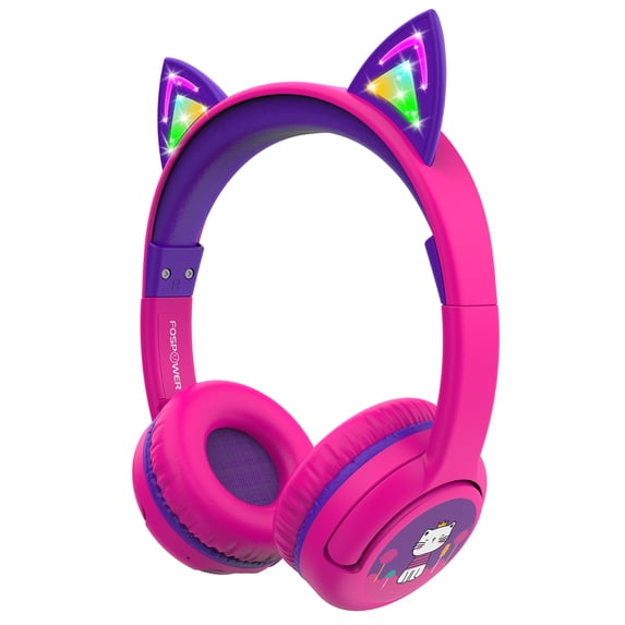 FosPower Bluetooth Kids Headphones with 3.5mm Audio cable included, LED Light Up Ears, Wireless or Cable Connected Kids Headset (Max 85dB) with USB-C Charging Cable - Hot Pink/Purple