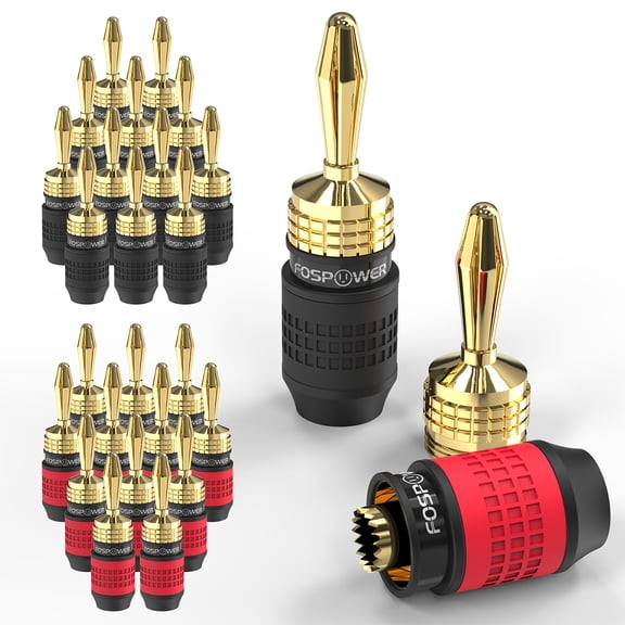 FosPower Deadbolt Banana Plugs 12 Pairs / 24 Pcs, Quick Connect 24K Gold Plated Speaker Plugs - Black