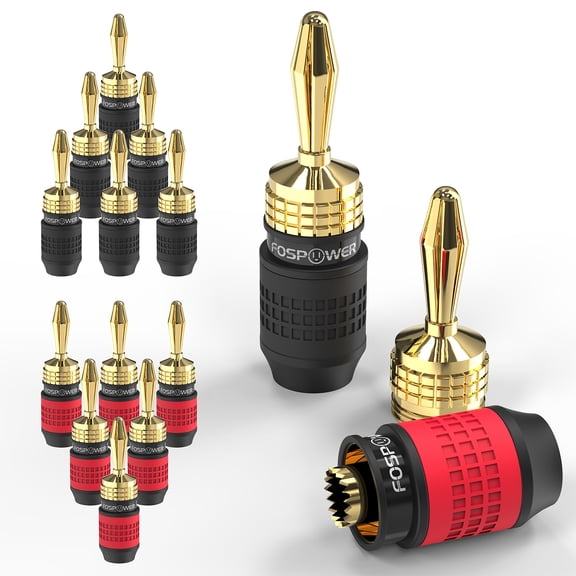FosPower Deadbolt Banana Plugs 6 Pairs / 12 Pcs, Quick Connect 24K Gold Plated Speaker Plugs - Black