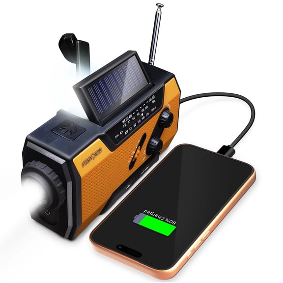 FosPower Emergency Solar Crank Portable Radio with LED Flashlight & USB Port, Orange/Black