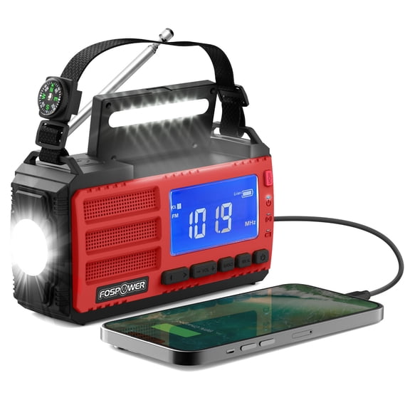 FosPower Hand Crank Emergency Radio with Light, Portable AM/FM/NOAA Weather Radio Solar Power Bank 10000mAh, USB C Cable, Cell Phone Charger SOS Alarm