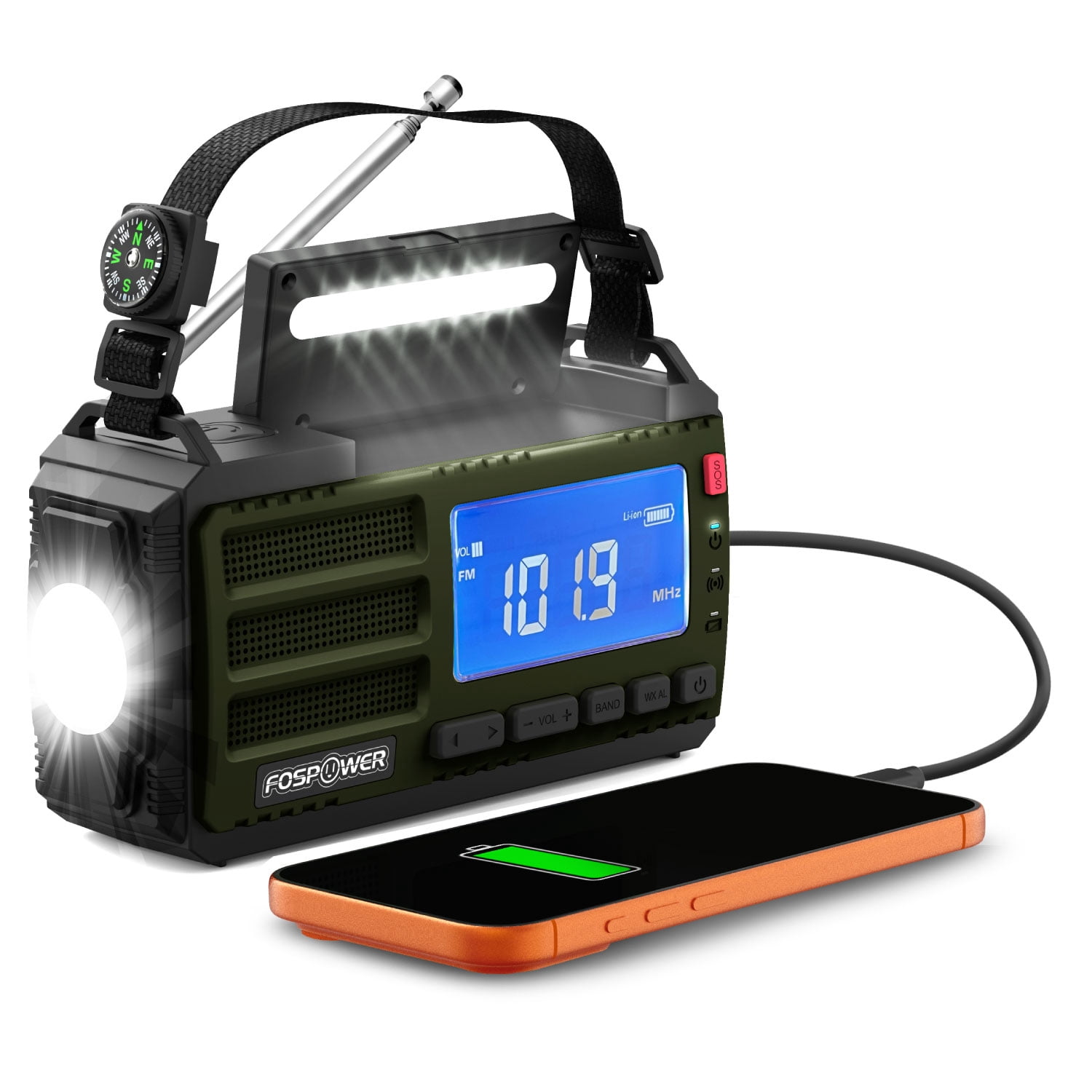 FosPower Hand Crank Emergency Radio with Light, Portable AM FM NOAA Weather Radio Solar Power Bank 10000mAh, USB C Cable, Cell Phone Charger SOS Alarm