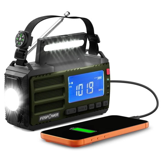 FosPower Hand Crank Emergency Radio with Light, Portable AM FM NOAA Weather Radio Solar Power Bank 10000mAh, USB C Cable, Cell Phone Charger SOS Alarm