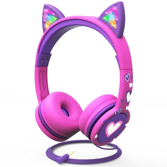 FosPower Kid Headset with LED Light Up Cat Ears 3.5mm On Ear Audio Kid Headphones with Laced Tangle Free Cable (Max 85dB)
