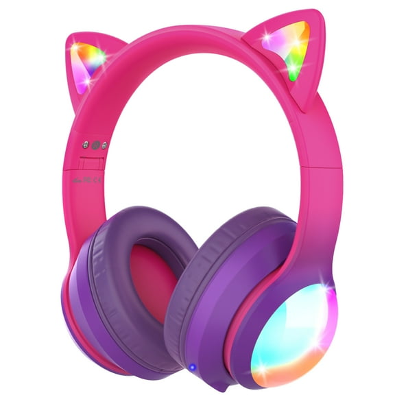 FosPower Kids Bluetooth Headphones with LED Cat Ears (85/94dB Volume Limit & 60H Play Time) Foldable Wireless/Wired Headset with 3.5mm Cable for School/Travel - Hot Pink/Purple