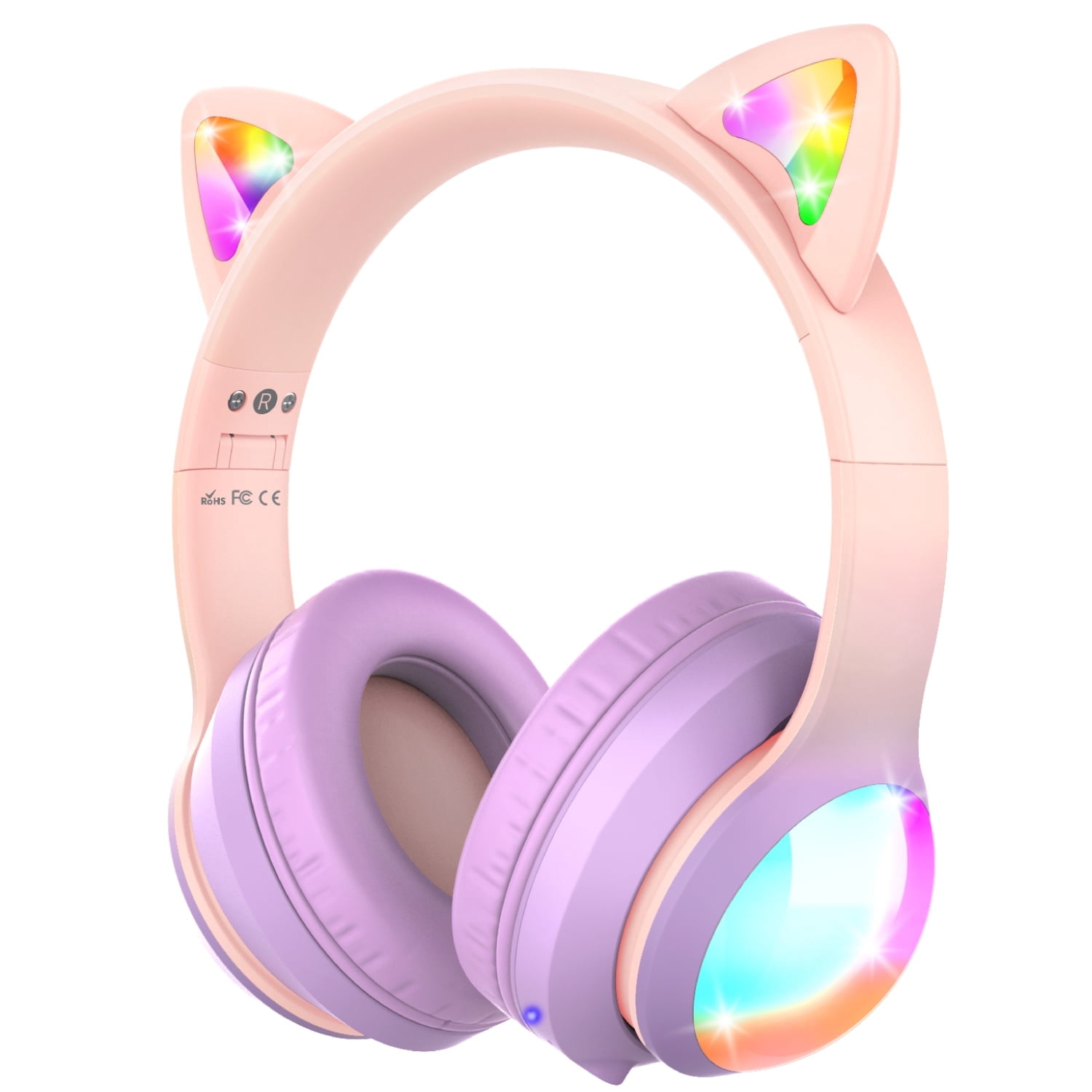 FosPower Kids Bluetooth Headphones with LED Cat Ears (85/94dB Volume Limit & 60H Play Time) Foldable Wireless/Wired Headset with 3.5mm Cable for School/Travel - Light Pink/Light Purple