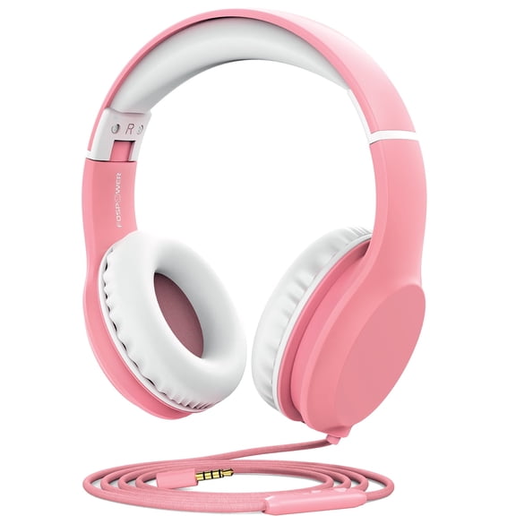 FosPower Kids Headphones (Safe Volume Limit 85 dB) Childrens Headphones Over The Ear, Built-in Mic, 3.5mm Tangle-Free Cable for Boys/Girls/Smartphones/PC/Tablet/Laptop/School - Pink/White