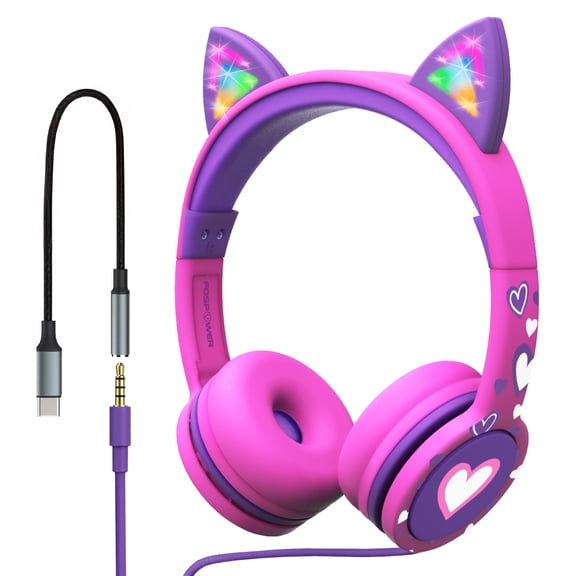 FosPower Kids Headphones USB C Over Ear Headphones for Kids with Cord, Wired Headset with 3.5mm Jack & Light Up LED Cat Ears For School, Pink/Purple
