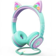 FosPower Kids Headset with LED Light Up Cat Ears, Wired 3.5mm On Ear Audio Kids Headphones with Laced Tangle Free Cable Max 85dB
