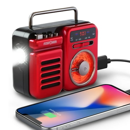 FosPower Portable Emergency Radio With 5.0 Bluetooth Speaker, AM FM, 2000 mAh Portable Power Bank, Hand Crank, Solar Charging, Flashlight, SOS Alarm