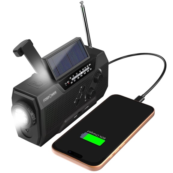 FosPower Solar Hand Crank Emergency Radio with Flashlight Cell Phone Charger, AM/FM/NOAA Weather Radio Power Bank, IPX3 SOS Alarm Reading Lamp, Black