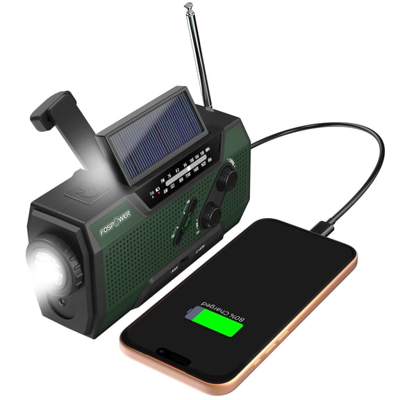 FosPower Solar Hand Crank Emergency Radio with Flashlight Cell Phone Charger, AM/FM/NOAA Weather Radio Power Bank, IPX3 SOS Alarm Reading Lamp, Green