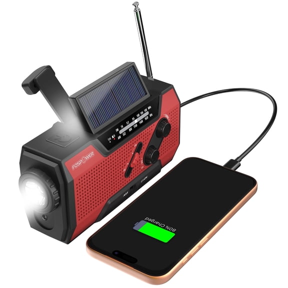 FosPower Solar Hand Crank Emergency Radio with Flashlight Cell Phone Charger, AM/FM/NOAA Weather Radio Power Bank, IPX3 SOS Alarm Reading Lamp, Red