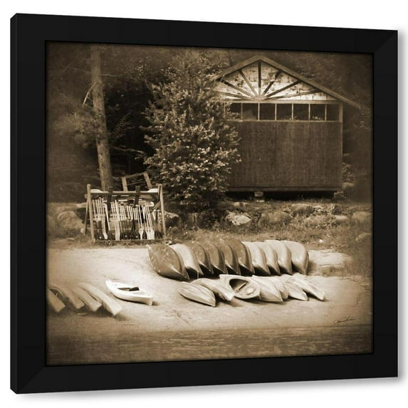 Suzanne Foschino 15x15 Black Modern Wood Framed Wall Art Titled - Sepia Lake Canoe House