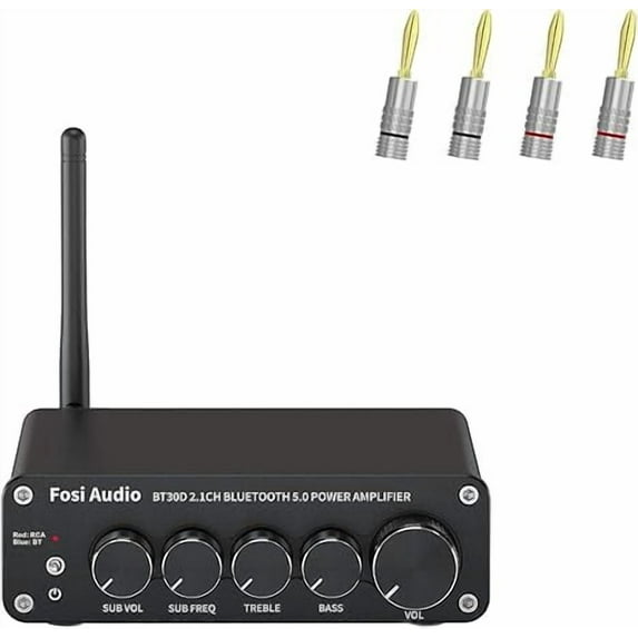 Fosi Audio BT30D Stereo Audio Receiver Audio Power Amplifier for Home Outdoor Passive Speakers+Banana Plugs 2 Pairs / 4 pcs - Gold Plated Speaker Plugs