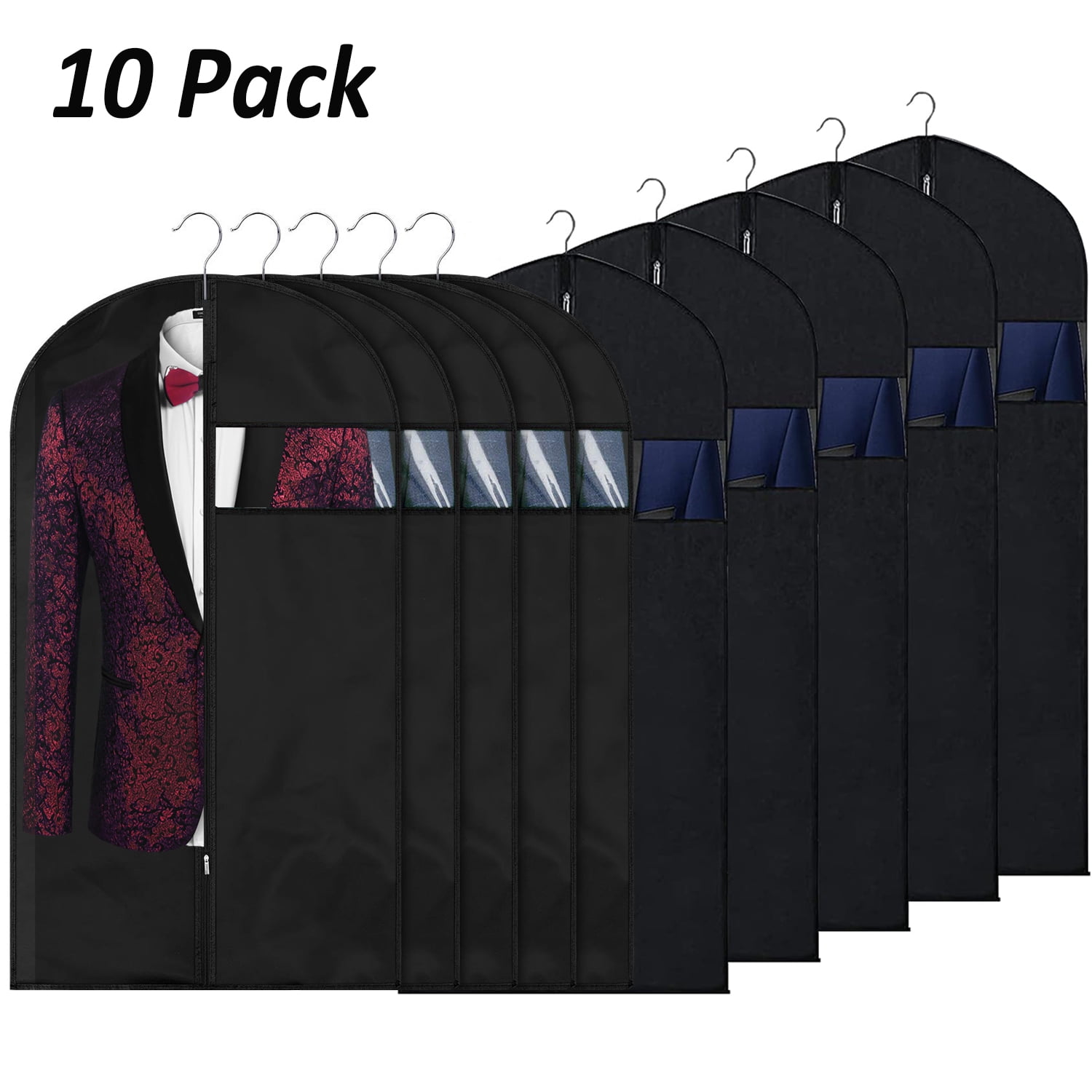 Foslos Lightweight Hanging Garment Bags for Women's Clothes Storage, Breathable, Black, 10-Piece